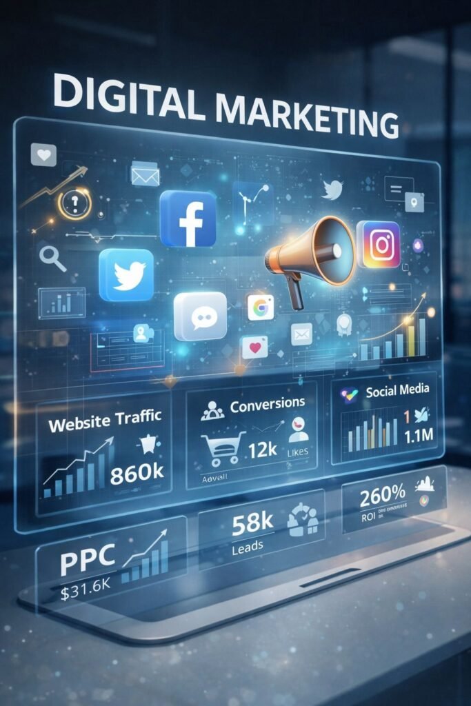 A postrait that tells the Benefits Of Digital Marketing